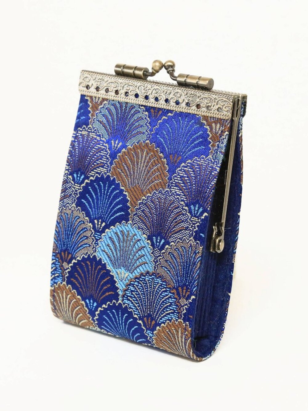 Seashell Brocade Card Holder with RFID | Navy & Brown